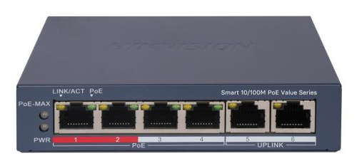 SWITCH HIKVISION SMART MANAGED POE 10/100 L2, 4 10/100M RJ45 POE PORTS, 2 10/100M RJ45 PORT, 802.3AF
