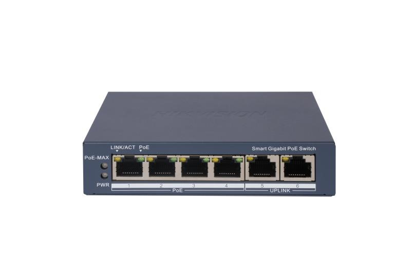 HIKVISION SWITCH L2, SMART MANAGED, 4 GIGABIT RJ45 POE PORTS, 2 GIGABIT RJ45 PORT, 802.3AF/AT, POE P